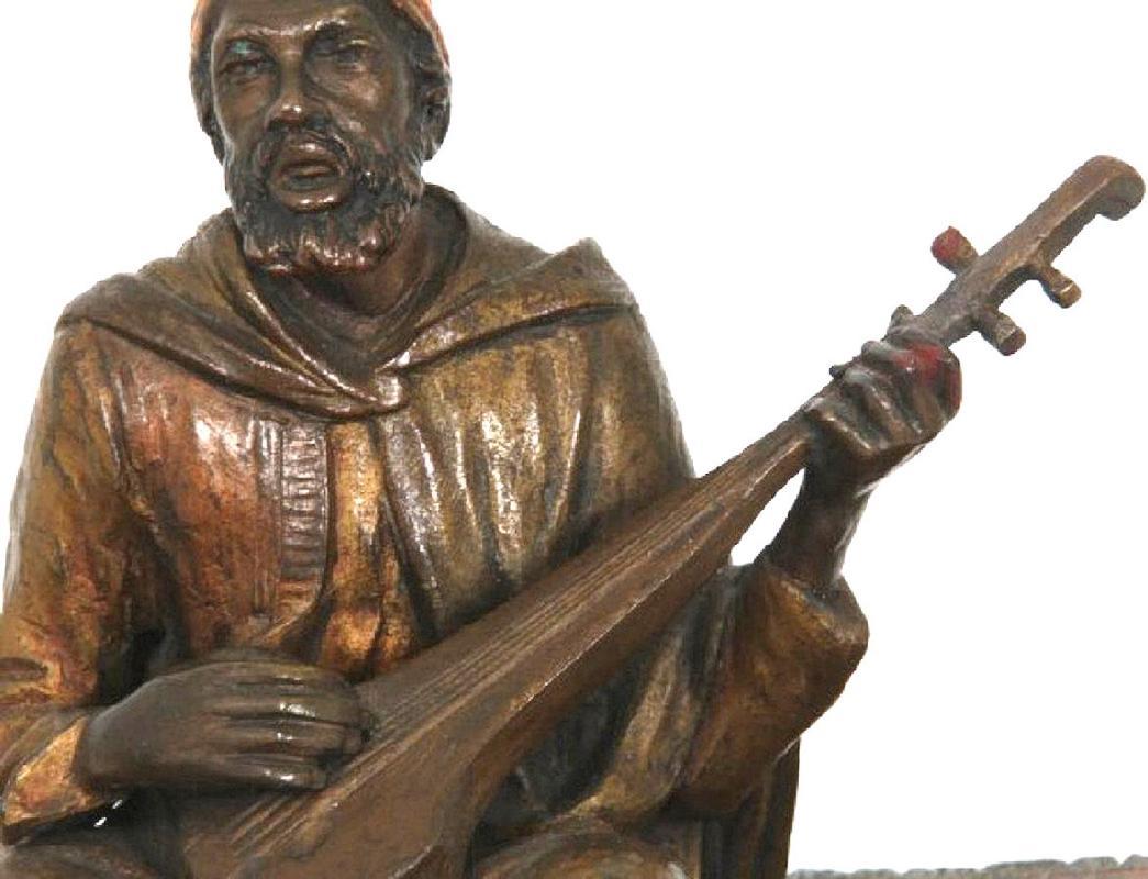 Antique Austrian Orientalist Cold Painted Bronze Figurine of Musician