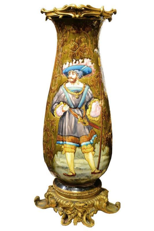 Antique Earthenware or Stoneware Vase Depicting Cavalier After Francois Lafon