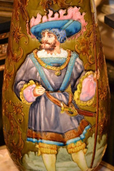 Antique Earthenware or Stoneware Vase Depicting Cavalier After Francois Lafon