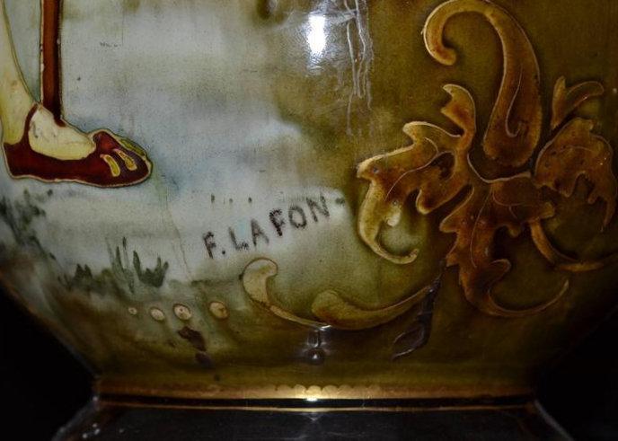 Antique Earthenware or Stoneware Vase Depicting Cavalier After Francois Lafon