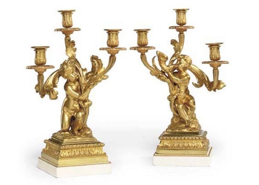 Pair Henry Dasson Gilt Bronze and Marble Figural Candelabra