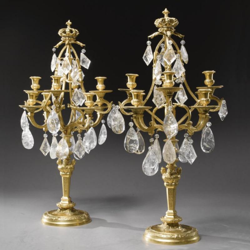 Pair French Regence Style Gilt Bronze and Rock Crystal Candelabra