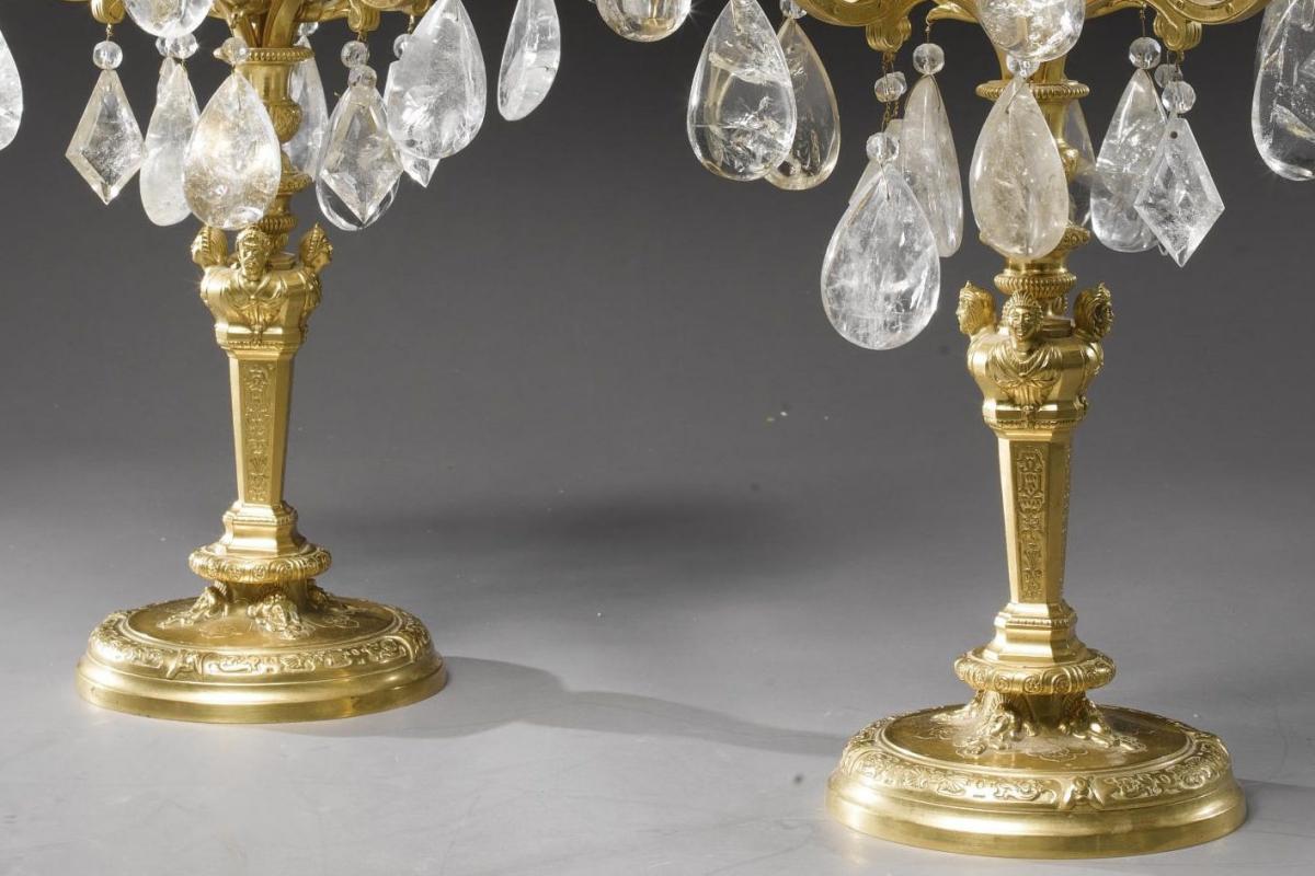 Pair French Regence Style Gilt Bronze and Rock Crystal Candelabra