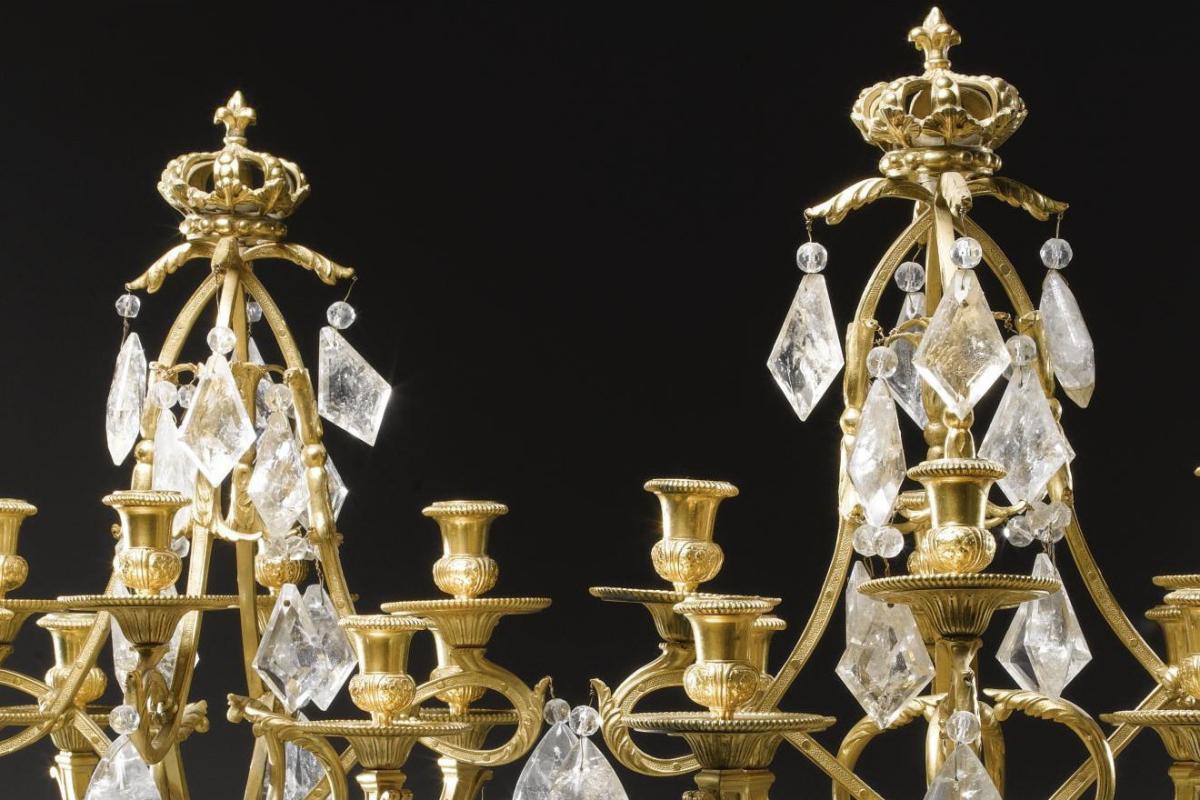 Pair French Regence Style Gilt Bronze and Rock Crystal Candelabra