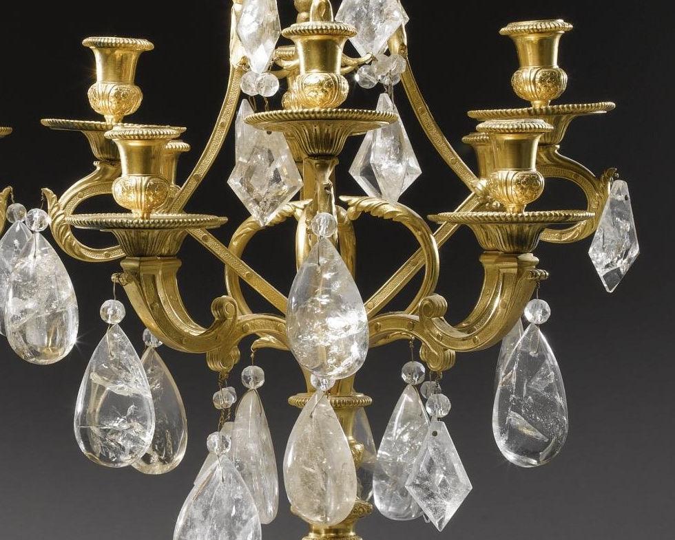 Pair French Regence Style Gilt Bronze and Rock Crystal Candelabra