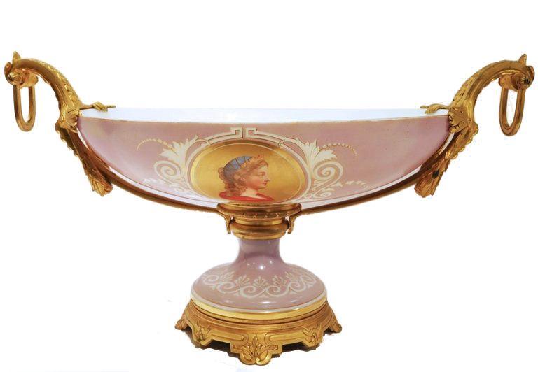 Antique Bronze Mounted Neoclassical Painted Opaline Glass Centerpiece