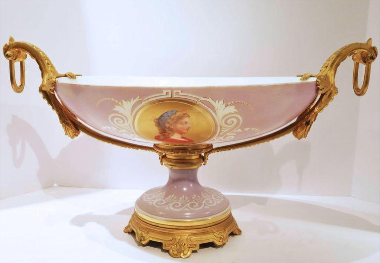 Antique Bronze Mounted Neoclassical Painted Opaline Glass Centerpiece