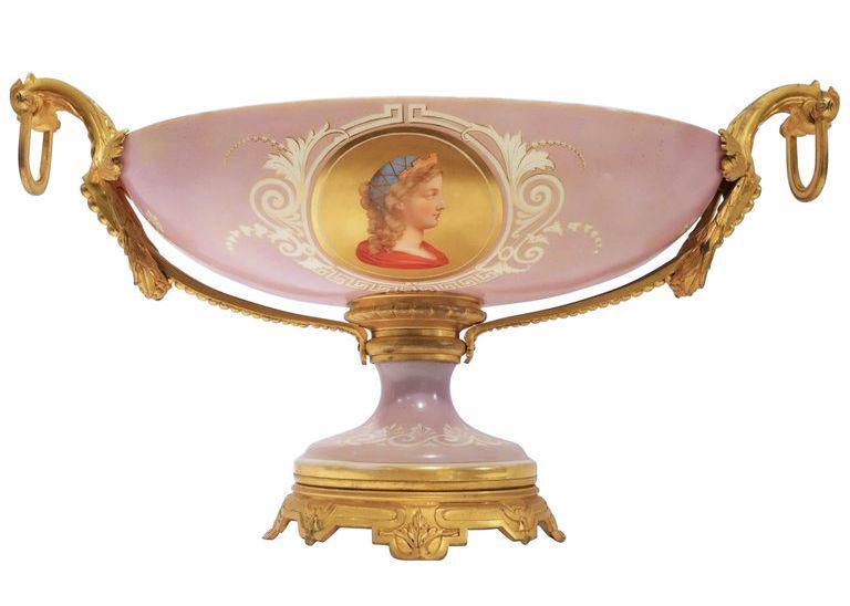 Antique Bronze Mounted Neoclassical Painted Opaline Glass Centerpiece