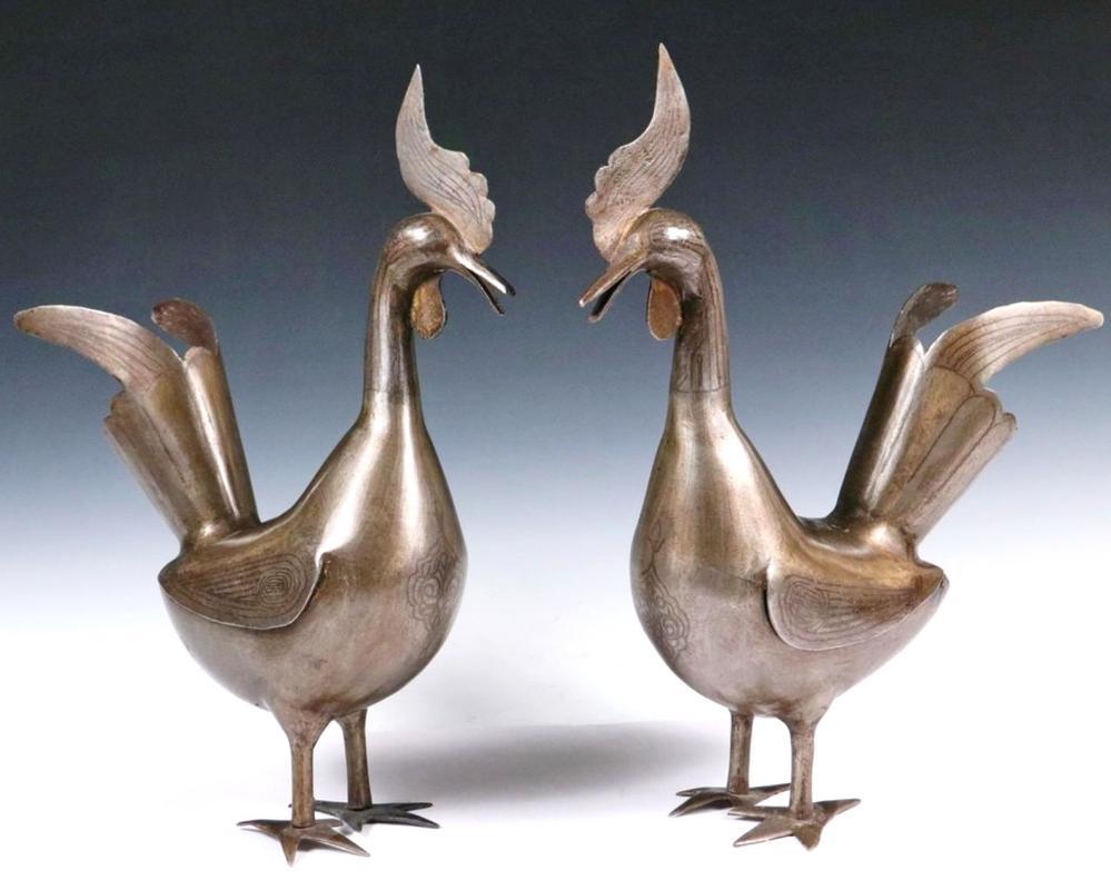 Pair Persian Damascened Silver Inlaid Steel Cockerels Roosters