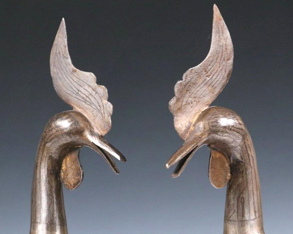 Pair Persian Damascened Silver Inlaid Steel Cockerels Roosters