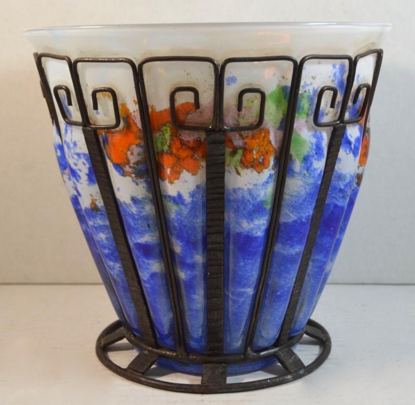 Art Deco Iron Mounted Blown-Out Glass Vase Attributed to Louis Majorelle for Daum