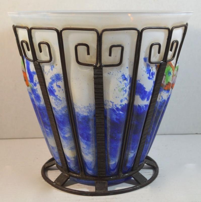 Art Deco Iron Mounted Blown-Out Glass Vase Attributed to Louis Majorelle for Daum
