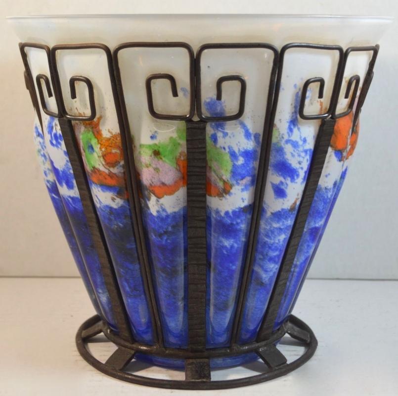 Art Deco Iron Mounted Blown-Out Glass Vase Attributed to Louis Majorelle for Daum
