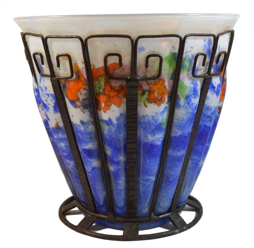 Art Deco Iron Mounted Blown-Out Glass Vase Attributed to Louis Majorelle for Daum