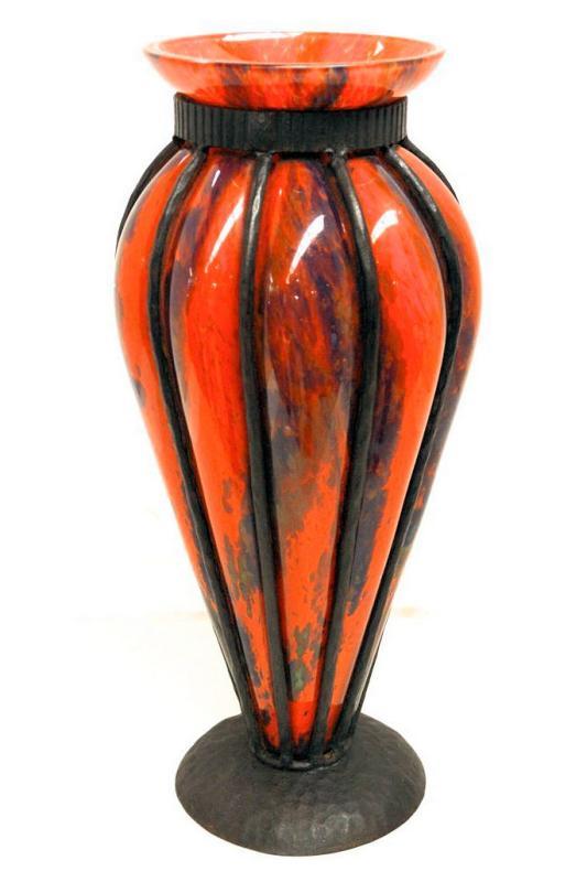 Art Deco Iron Mounted Blown-Out Glass Vase Possibly from Daum or Schneider