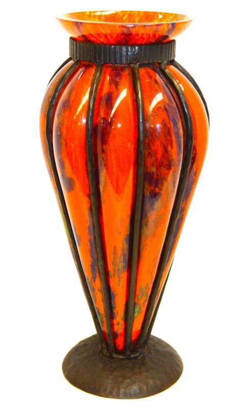 Art Deco Iron Mounted Blown-Out Glass Vase Possibly from Daum or Schneider