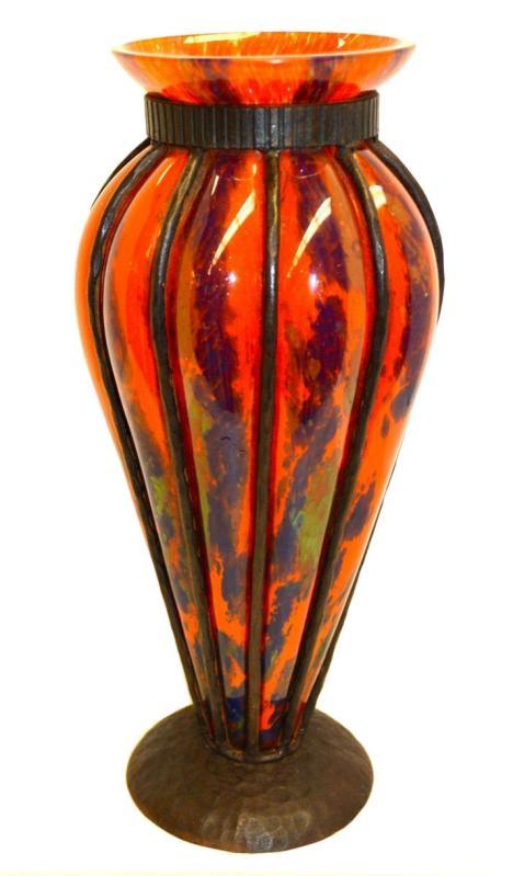 Art Deco Iron Mounted Blown-Out Glass Vase Possibly from Daum or Schneider