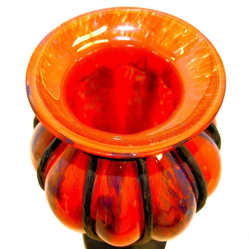 Art Deco Iron Mounted Blown-Out Glass Vase Possibly from Daum or Schneider