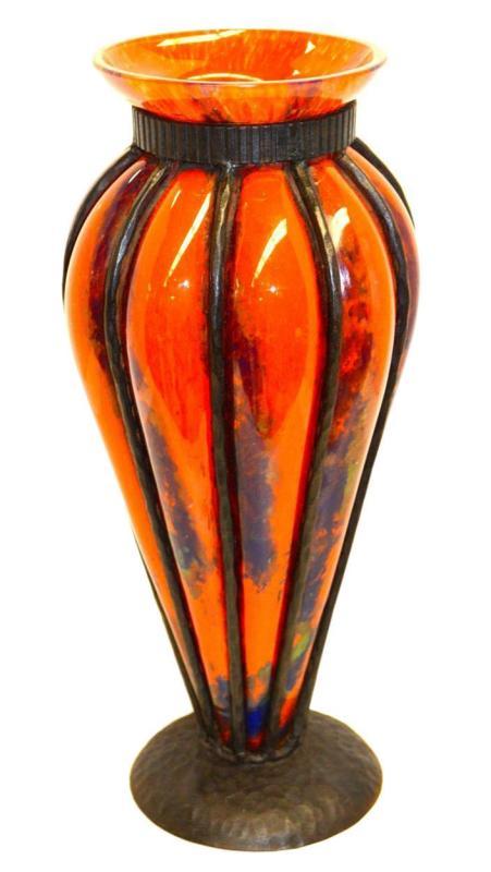 Art Deco Iron Mounted Blown-Out Glass Vase Possibly from Daum or Schneider