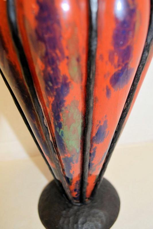 Art Deco Iron Mounted Blown-Out Glass Vase Possibly from Daum or Schneider