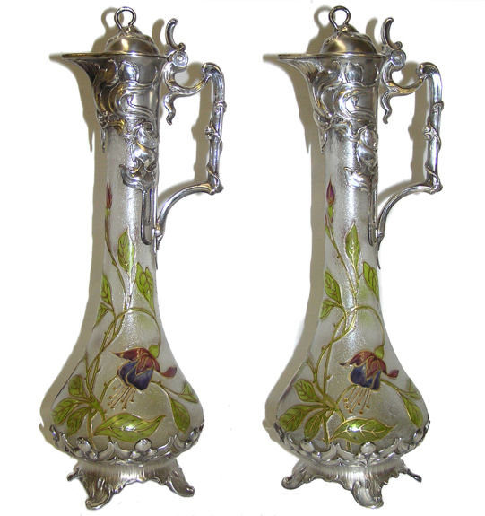 Pair Art Nouveau WMF Pewter Claret Jugs