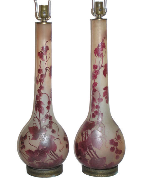 Pair French Art Deco Period Legras Cameo Glass Table Lamps