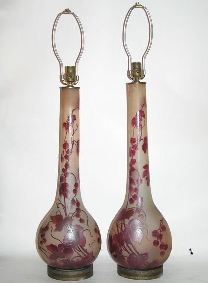 Pair French Art Deco Period Legras Cameo Glass Table Lamps