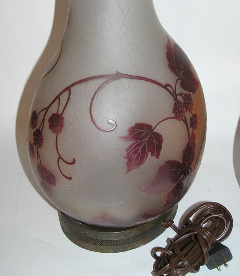 Pair French Art Deco Period Legras Cameo Glass Table Lamps