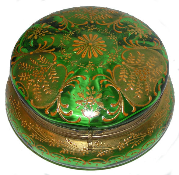 Bohemian Round Green Glass Powder Box