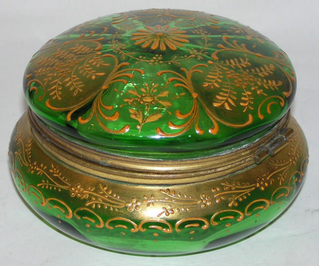 Bohemian Round Green Glass Powder Box