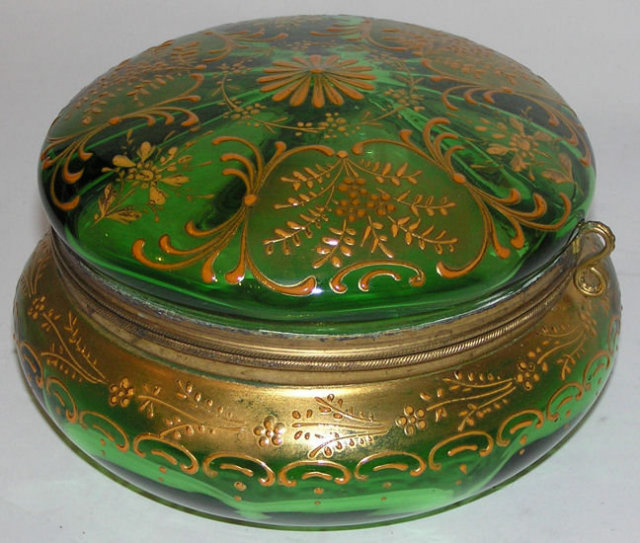 Bohemian Round Green Glass Powder Box