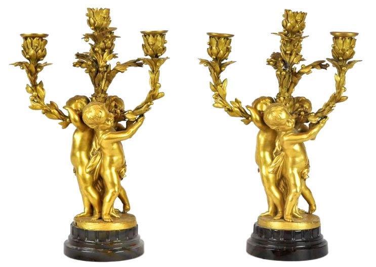 Pair Antique Louis XVI Style Gilt Bronze Candelabra After Jean-Louis Prieur