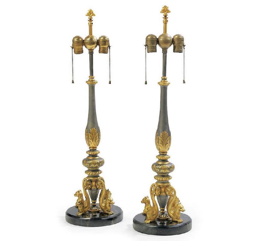 Pair Antique Gilt Metal & Marble Renaissance Revival E.F. Caldwell Table Lamps