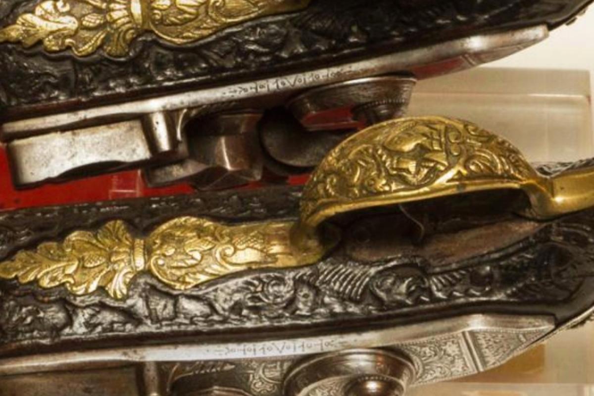 Pair Antique Turkish Ottoman or Persian Jeweled Pommel Gun Pistols