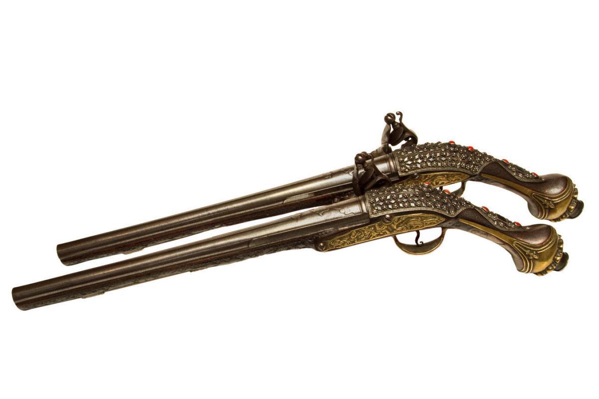 Pair Antique Turkish Ottoman or Persian Jeweled Pommel Gun Pistols