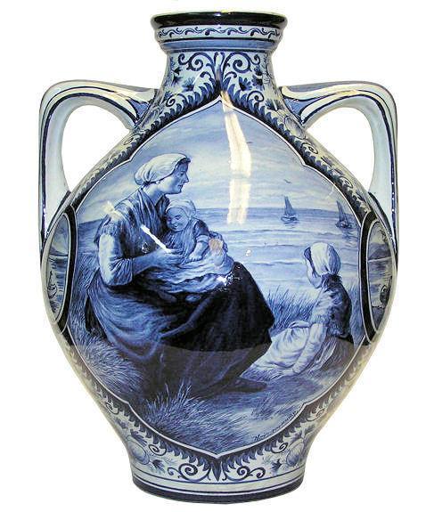 Antique Heisterkamp Delft Blue and White Handled Ceramic Vase