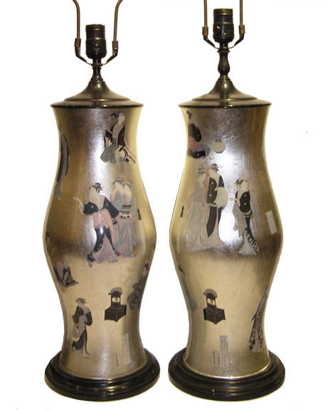 Pair Japanese Foil Decorated Table Lamps