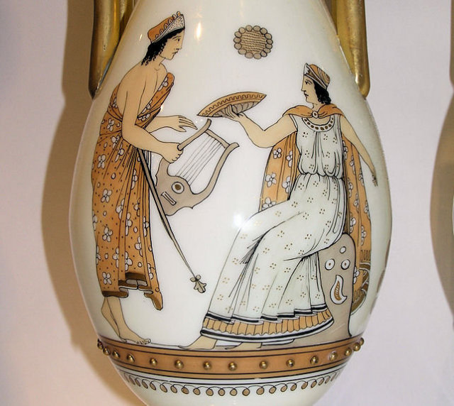 Pair Egyptian Motif Opaline Glass Vases