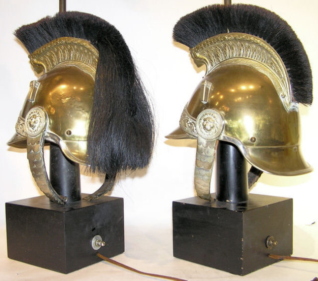 Pair French Military Helmet Table Lamps
