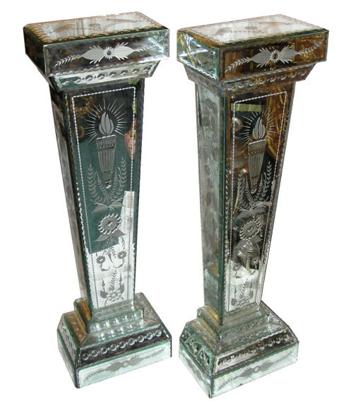 Pair Neoclassical Mirrored Glass Pedestals