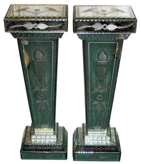 Pair Neoclassical Mirrored Glass Pedestals