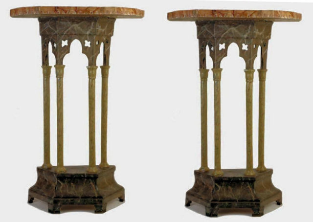 Pair Gothic Revival Faux Marble Consoles