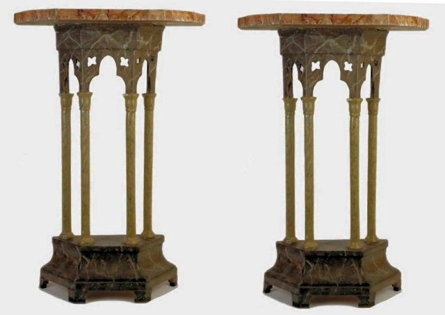 Pair Gothic Revival Faux Marble Consoles