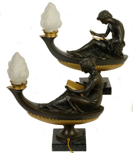 Pair Classical Bronze Electrified Oil Lamps