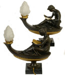 Pair Classical Bronze Electrified Oil Lamps