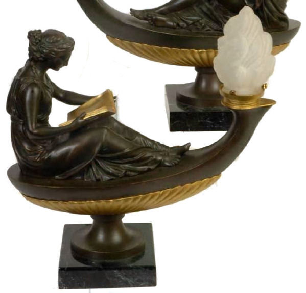 Pair Classical Bronze Electrified Oil Lamps