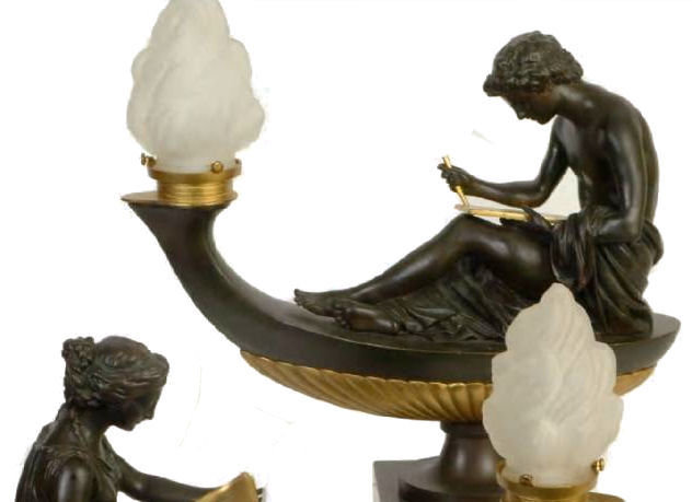 Pair Classical Bronze Electrified Oil Lamps