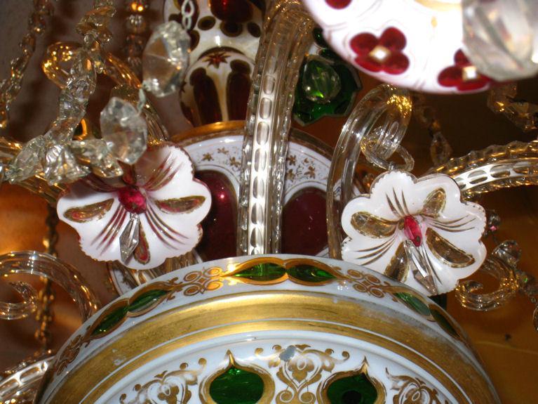 Antique Bohemian White Ruby and Green Overlay Glass Chandelier