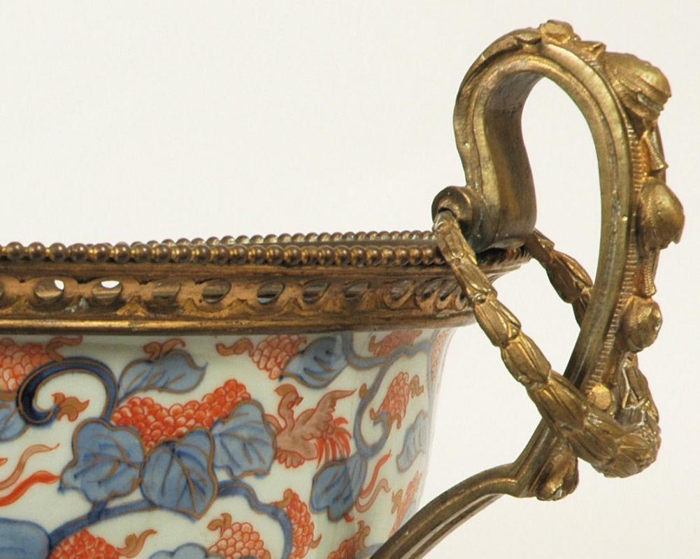 Antique Japanese Imari Centerpiece Bowl with Bronze Handles & Mounts