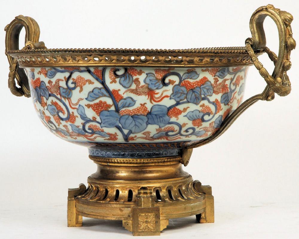 Antique Japanese Imari Centerpiece Bowl with Bronze Handles & Mounts